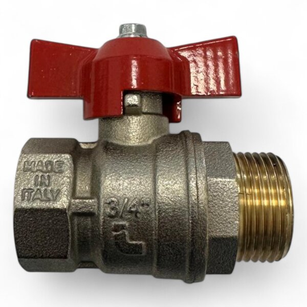 Kugelhahn aus vernickeltem Messing – 3/4" IG x 3/4" AG, roter Flügelgriff