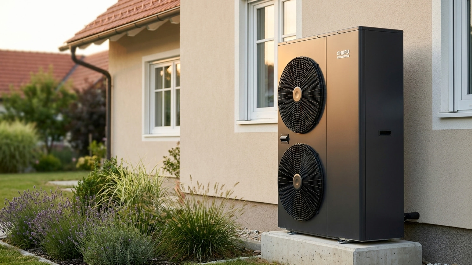 R290-Wärmepumpe von Chofu im Garten eines steirischen Einfamilienhauses – Symbolbild zur Frage, ob sich der Umstieg von Gas auf Wärmepumpe trotz sinkender Gaspreise 2026 lohnt