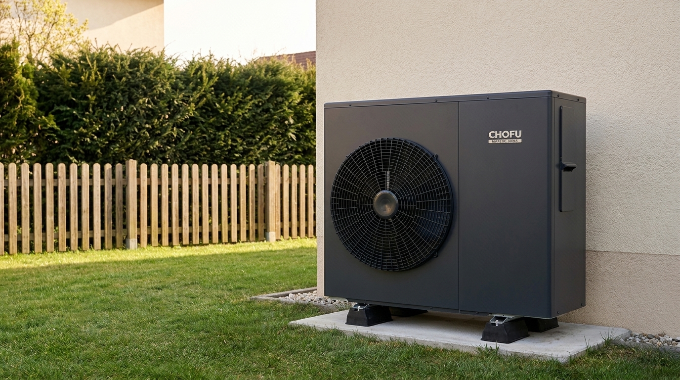 Chofu R290 Luft-Wärmepumpe an Hauswand mit Abstand zum Gartenzaun, Symbolbild für Aufstellung und Schallschutz in Österreich