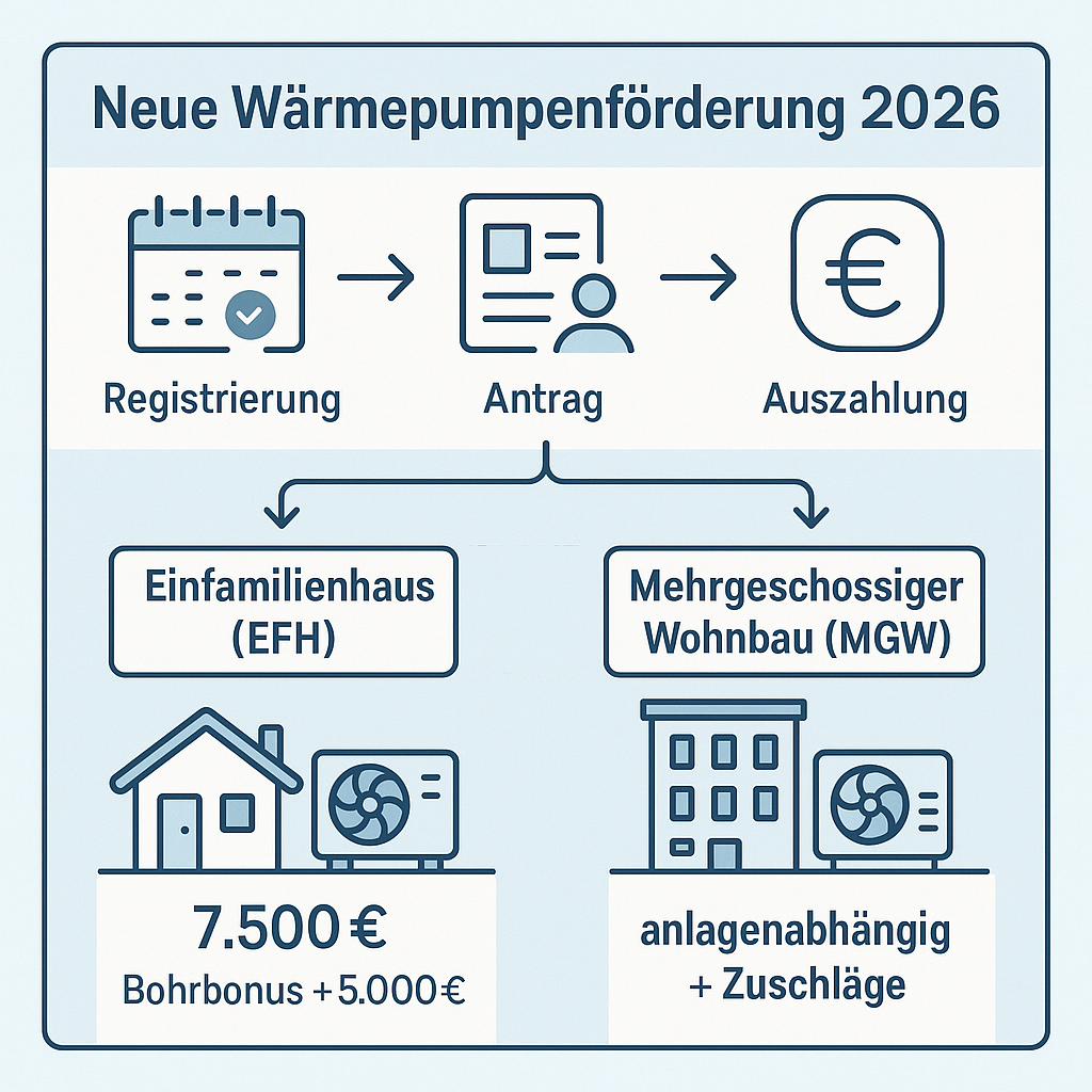 Schematische Darstellung: Wärmepumpenförderung 2026 Ablauf